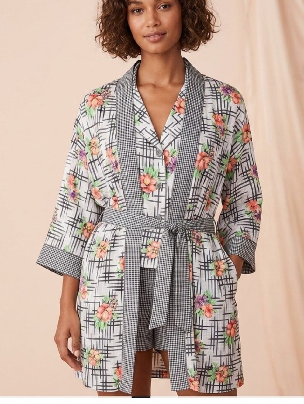 Victoria's Secret Gold Label Floral Gingham Pajama Set - Blouse - Shorts - Robe